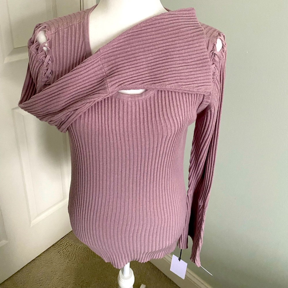 Ivanka Trump blush knit sweater with shoulder lacing detail and trumpet sleeves